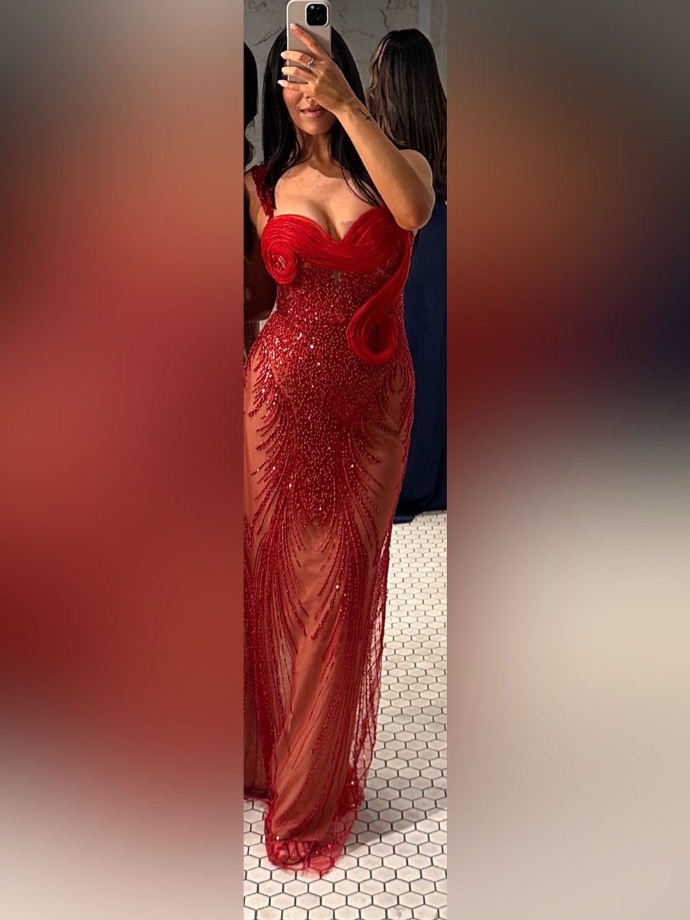 SHEIN Red Beaded Illusion Maxi Gown